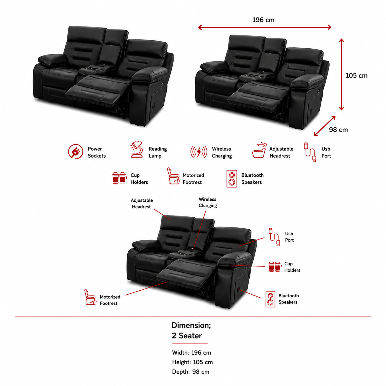 Genoa 2 seater Leather Recliner - Grey