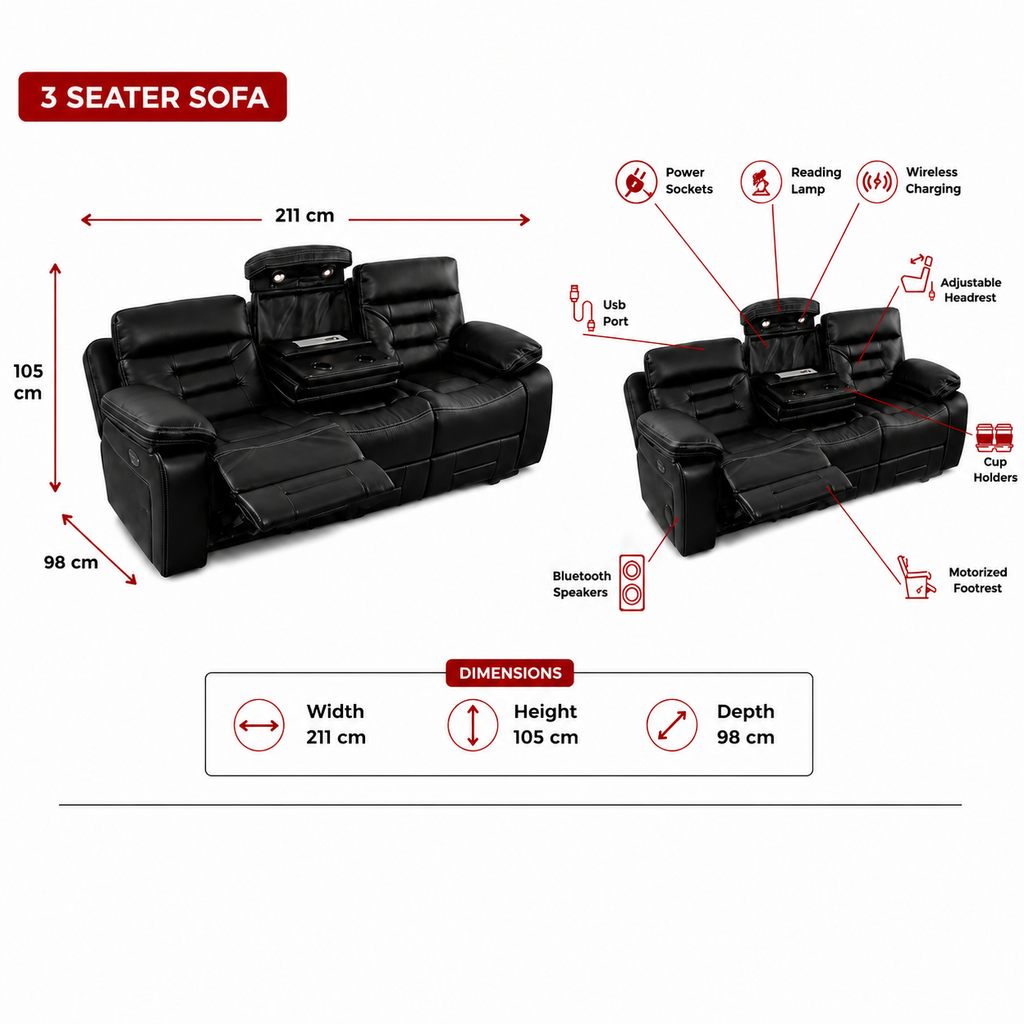Genoa 3 Seater Leather Recliner - Black