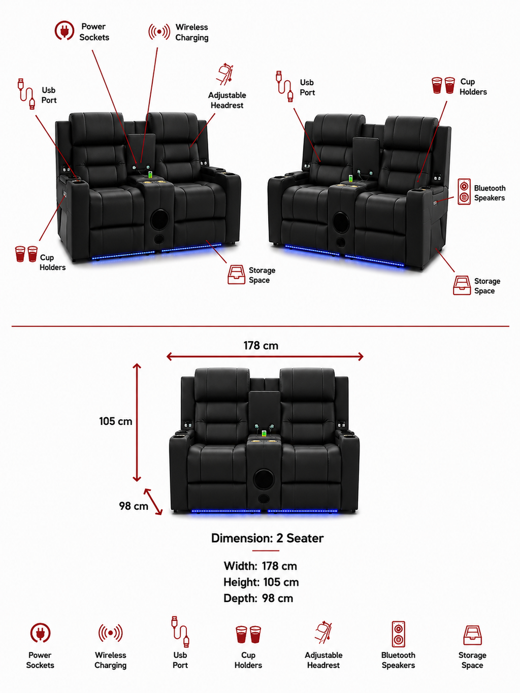 Milan - 2 Seater - Leather Recliner