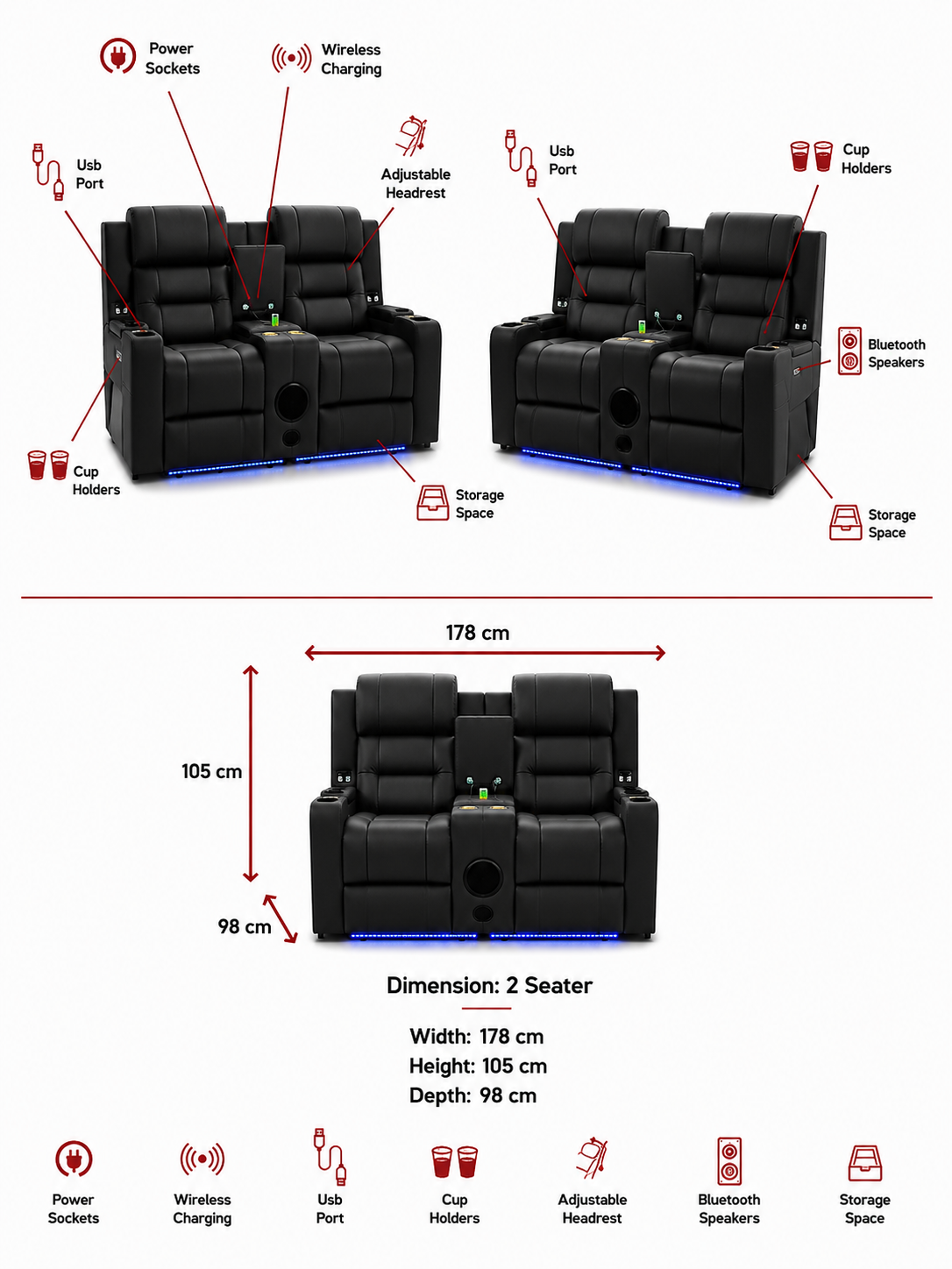 Milan - 2 Seater - Leather Recliner