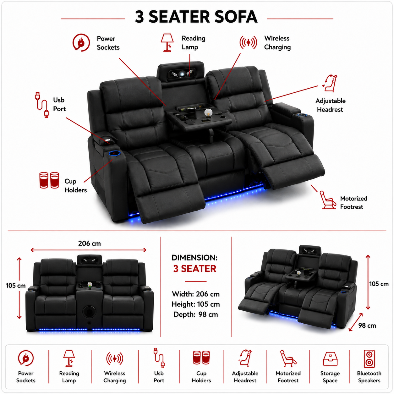 Milan - 3 Seater - Leather Recliner