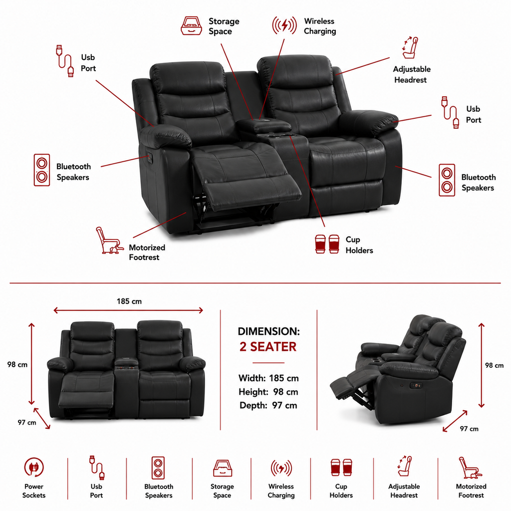 Turin 2 Seater Leather Electric Recliner - Grey