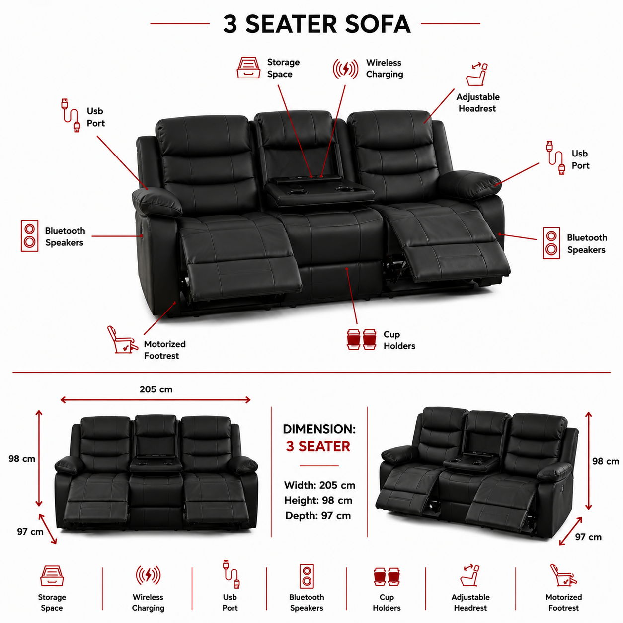 Turin 3 Seater Leather Manual Recliner - Grey dimensions