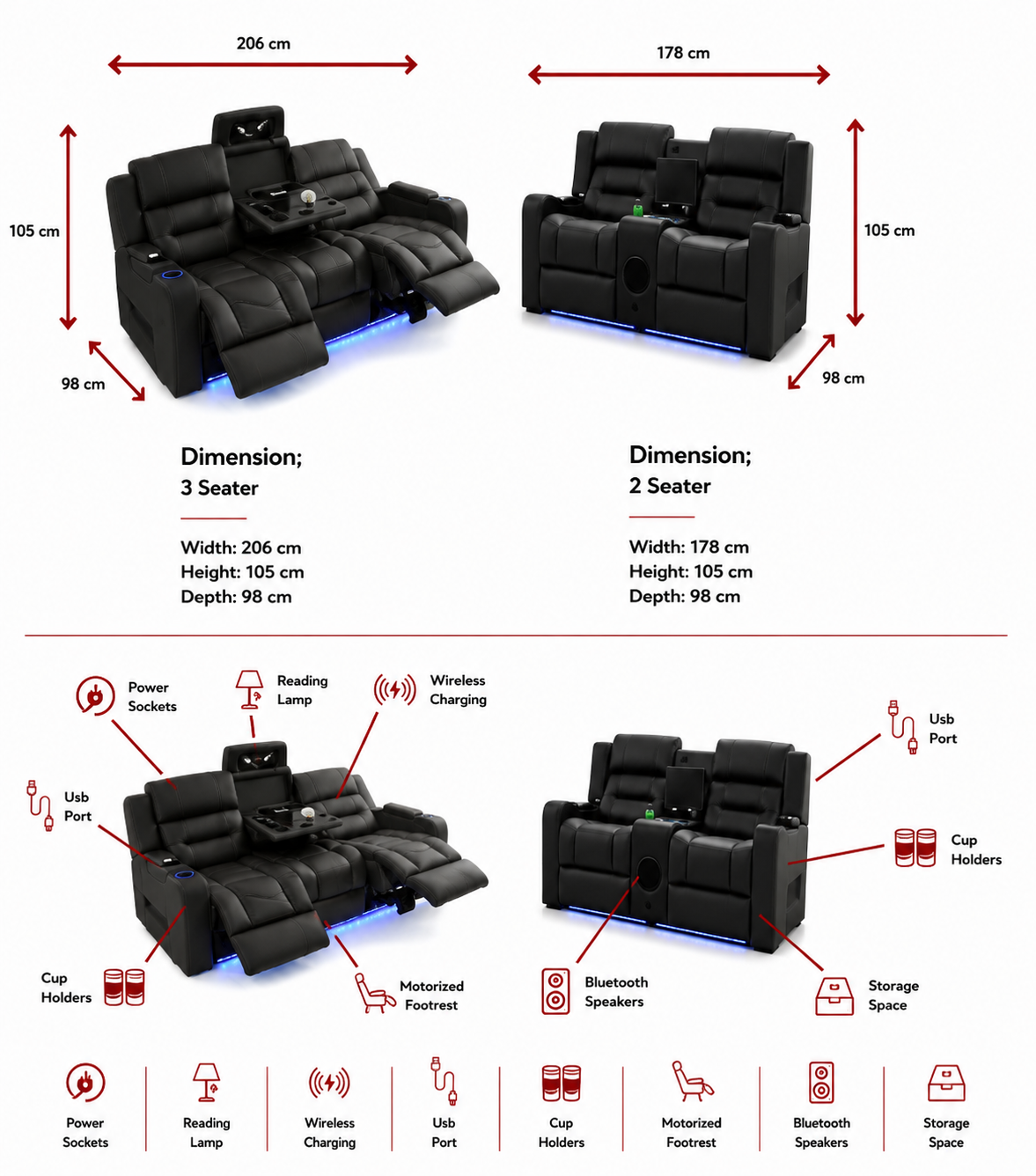 Milan - 3+2 - Leather Recliners - Black dimensions