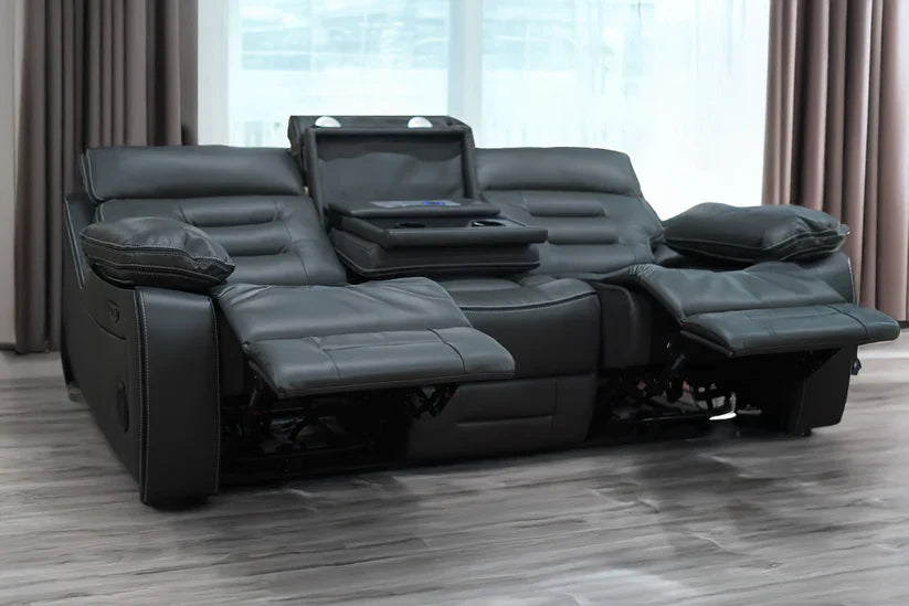 Genoa 3+2 Seater Leather Recliner - Black