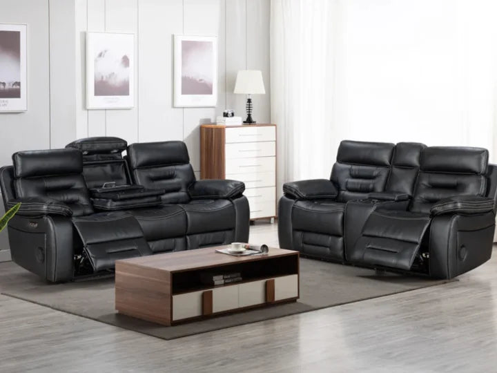 Genoa 3 Seater Leather Recliner - Black
