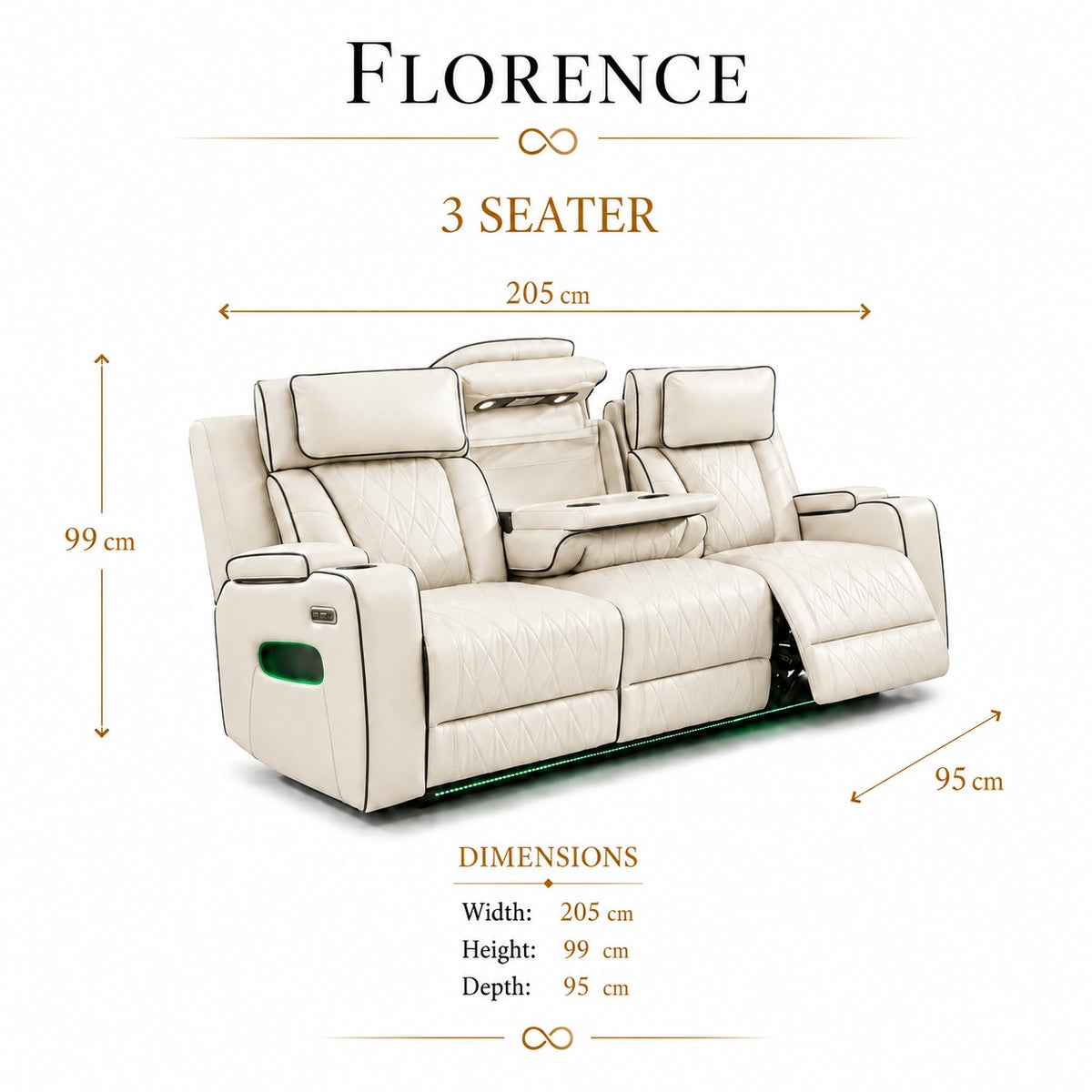 Florence 3 seater White dimensions