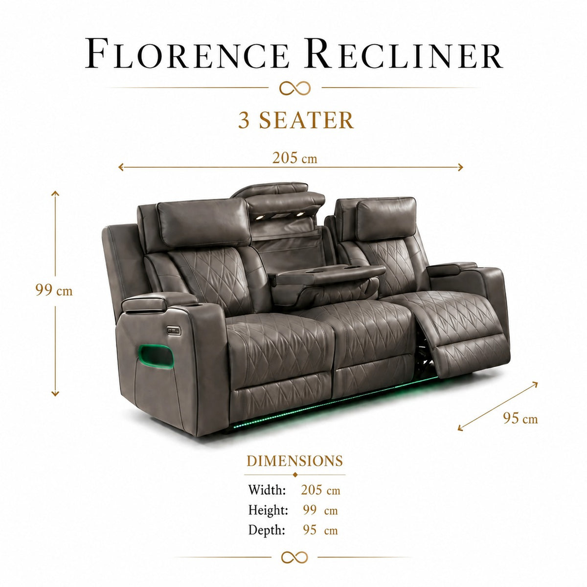 Florence 3 seater grey dimensions