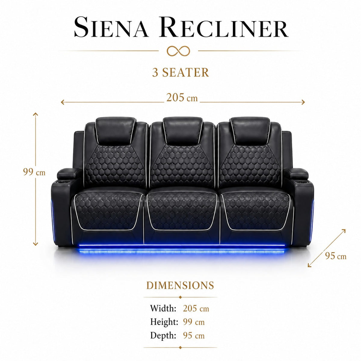Siena 3 Seater Black dimensions