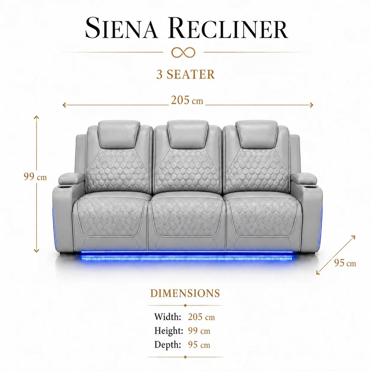 Siena 3 Seater Grey dimensions