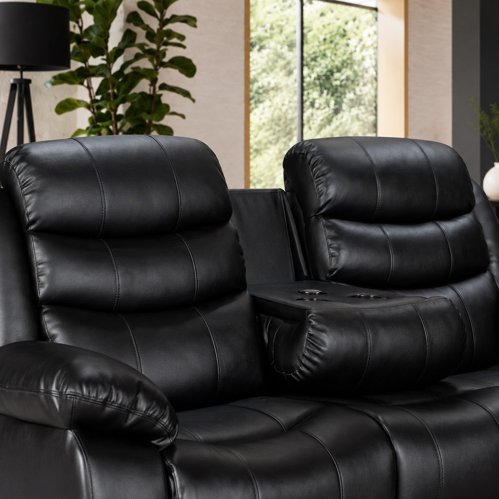 Turin 3 seater Leather Manual Recliner - Black