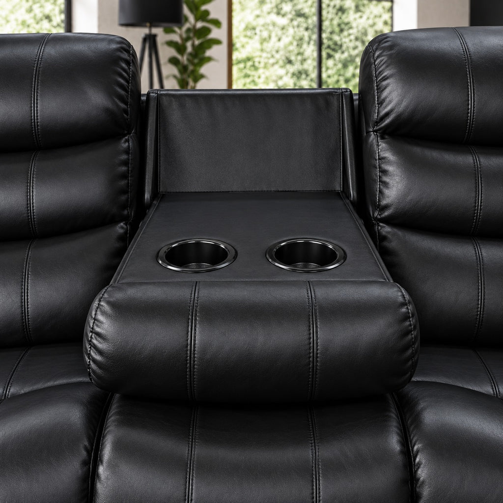 Turin 3 seater Leather Manual Recliner - Black